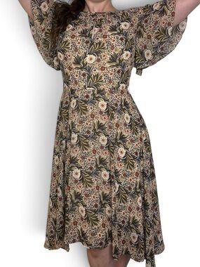 Mikael Aghal Fall Floral Midi Dress with Flutter Sleeves Size 8 Flowy Designer